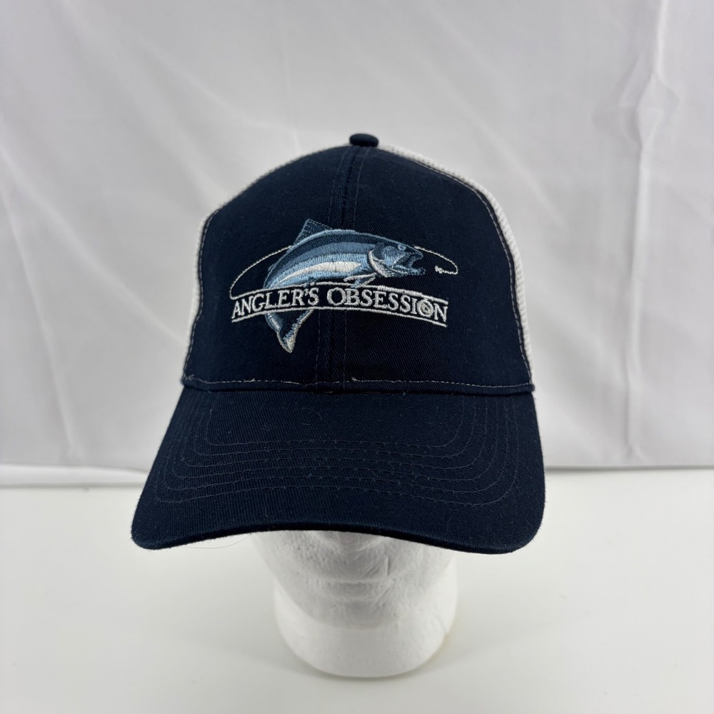 Anglers Obsession Trucker Hat Navy Blue White Mesh Fish Fishing Snapback Cap